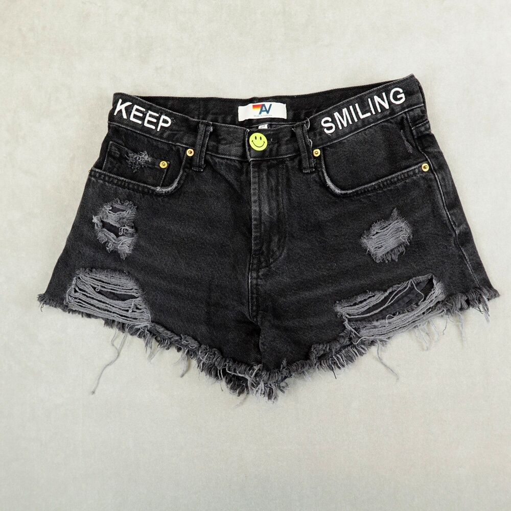 Aviator Nation Shorts Keep Smiling Black Happy Face Jean Size 28 Distressed
